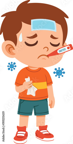 Flat vector illustration of a boy character with a sick facial expression. Suitable for emotion visuals, children education, health awareness themes, social emotional learning, stickers, posters.