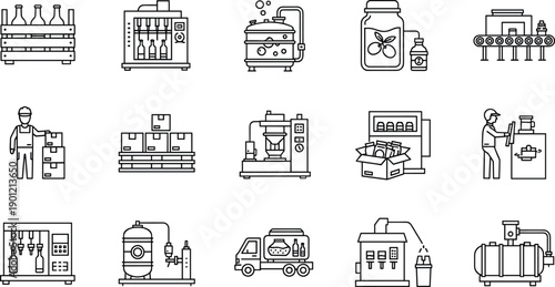 Food and Production Industry Line Art Icon Set, Flat Vector Illustration, Representing Manufacturing, Processing, Packaging, Supply Chain, Factory, and Logistics.