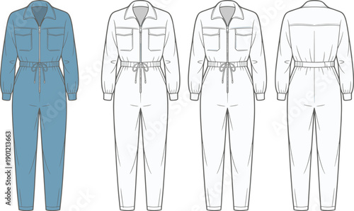 Cad drawing flat vector illustration of utility jumpsuit template with long sleeves, zipper front, pockets, front and back view