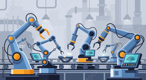 Robots assemble products on industrial factory production line with computer screens
