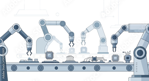 Robotic arms assemble products on a factory production line with machinery