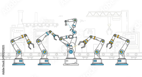 Robotic arms assemble parts in a factory production line efficiently