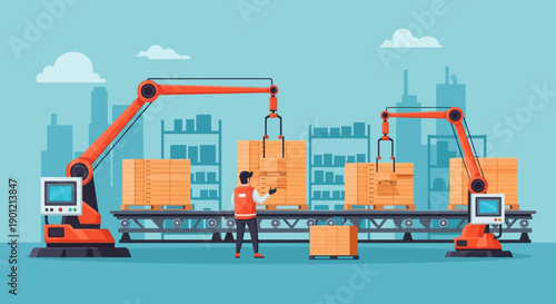 Robots and worker loading boxes on conveyor belt in industrial cityscape