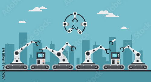 Robotic arms are working in an industrial cityscape with technology