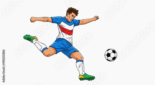 Soccer player in blue uniform ready to kick the ball