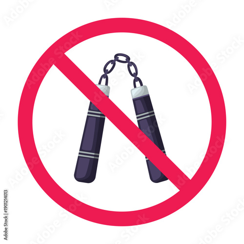 No nunchaku sign, do not carry weapon symbol, forbidden sign with nunchaku icon, do not use nunchaku symbol, no weapon sign, vector illustration
