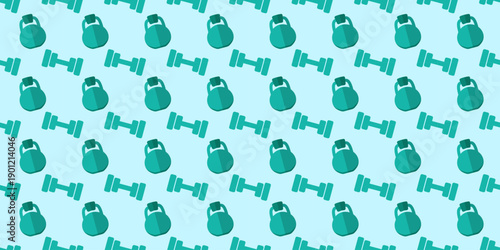 gym equipment seamless pattern. dumbbell and kettlebell in flat style illustration. ideal for sports designs packaging apparel and fitness branding Vector
