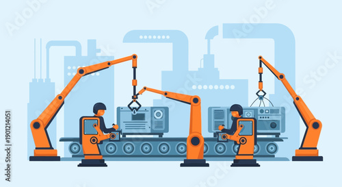 Robots assemble machines in a factory with industrial equipment and workers