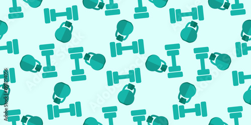 gym equipment seamless pattern. dumbbell and kettlebell in flat style illustration. suitable for sports designs packaging apparel and fitness branding Vector