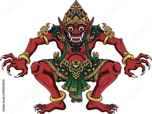 A vibrant Traditional Balinese mask illustration featuring a fierce red creature with sharp claws and teeth, showcasing intricate cultural heritage on a black background.