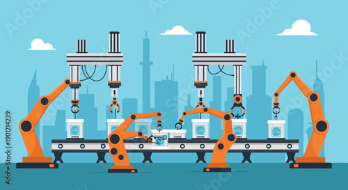 Robots assemble products on a factory production line with machinery