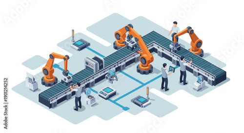 Robots and workers collaborate on a futuristic factory assembly line with industrial machinery and technology