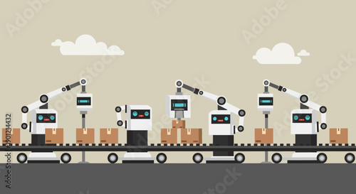Robots efficiently sort and pack boxes on a conveyor belt in a warehouse
