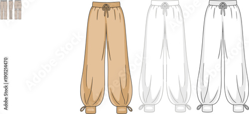 Cargo pants CAD drawing, flat vector fashion illustration with drawstring waist and cuffs, color variations, multi-view layout, front back outlines