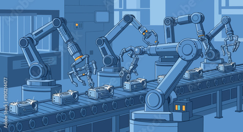 Robotic arms working together on an assembly line in an industrial factory setting
