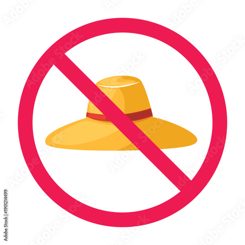 No straw hat sign, forbidden sign with straw hat icon, farmer hat prohibited symbol, do not wear gardening hat symbol, vector illustration