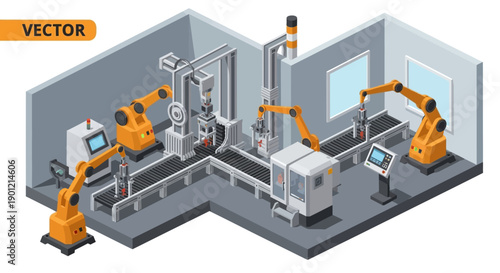 Industrial robots working together on a production line in a modern factory setting