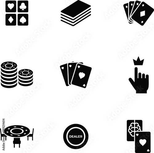 Comprehensive Playing Cards and Gambling Icon Set with Poker Chips Dealer Button and Table