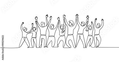 Continuous line drawing of a group of people celebrating with raised arms