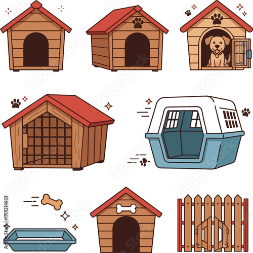 Cute vector illustrations of wooden dog houses pet carriers and feeding bowls for domestic animal care।