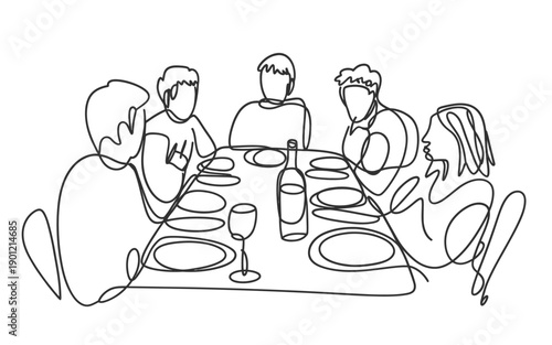 A simple line drawing depicts a group of people dining together at a table
