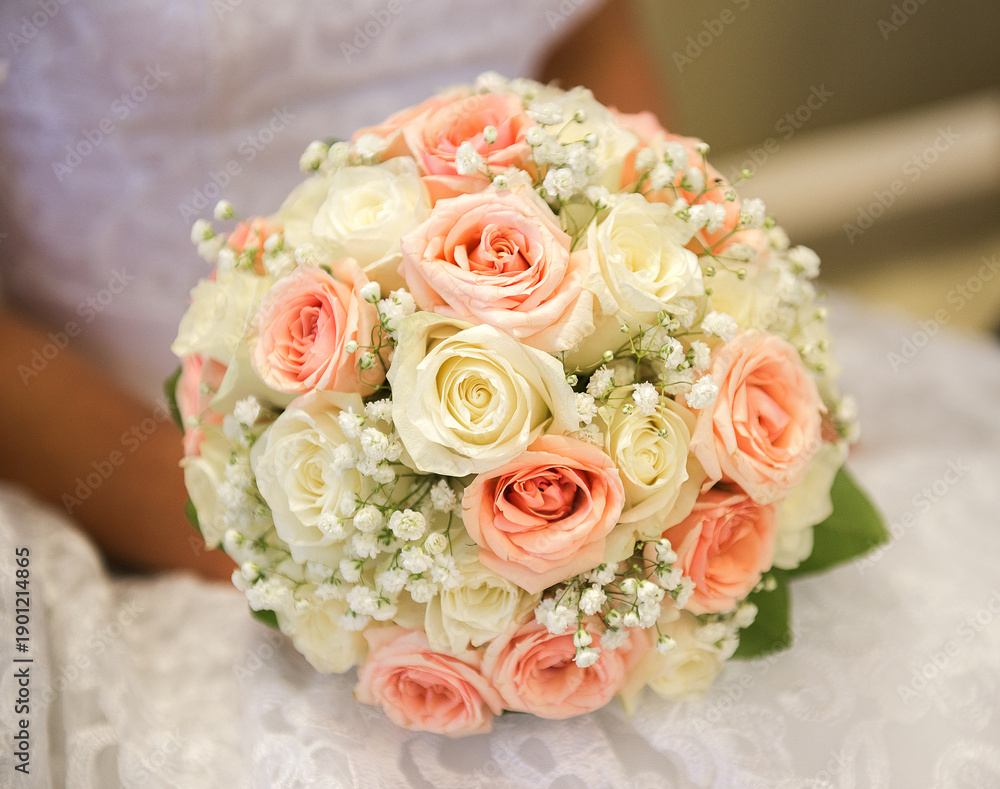 Obraz premium Soft Pastel Bridal Bouquet With Roses And Gypsophila