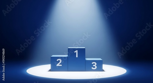 Minimalist blue podium featuring numbered blocks for first second and third place standing illuminated by a dramatic spotlight against a dark stage background