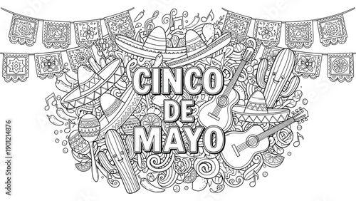 Cinco de Mayo Celebration Doodle - Mexican Fiesta Elements, Sombreros, Guitars, Maracas, Cactus