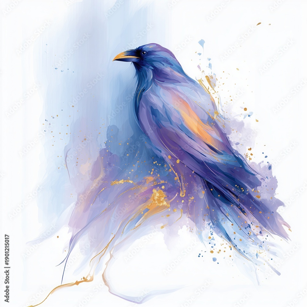 Obraz premium Illustration of raven bird in soft watercolor style with abstract flowing background, elegant artistic wildlife composition, isolated on a white background