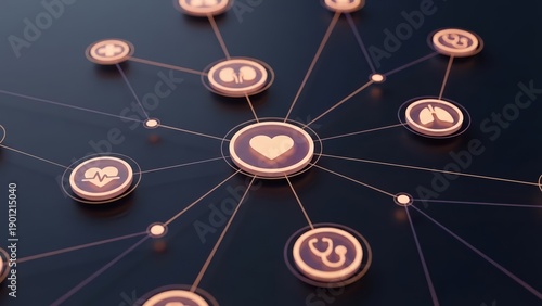 A network of glowing medicine icon nodes for tracking digital health data on a sleek digital interface.