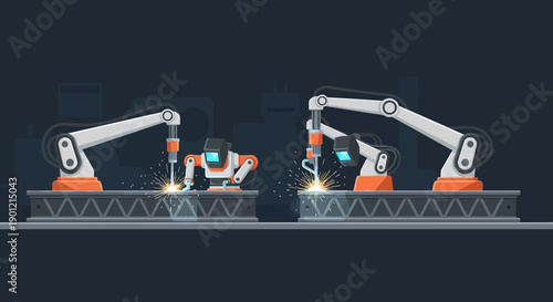Industrial robotic arms working on metal parts in a manufacturing assembly line environment from a front viewpoint