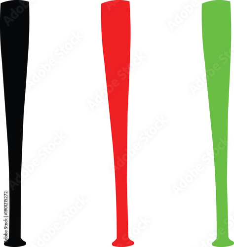 Three Baseball Bats in Different Colors Isolated
