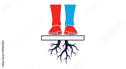 Grounding Foundation Symbol: Red and Blue Human Feet Standing on Platform with Deep Roots, Representing Stability, Origins, and Thermoregulation.