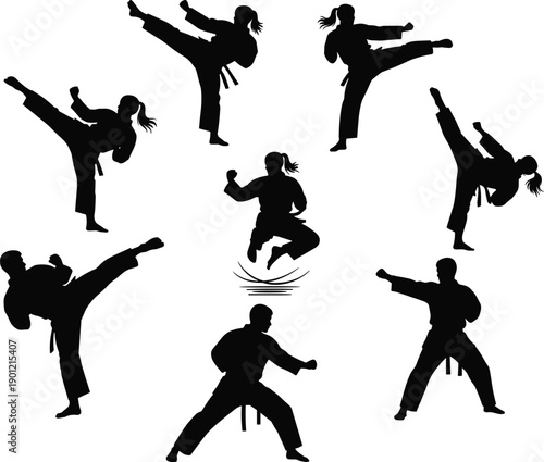 Martial arts silhouette illustration featuring dynamic poses, traditional uniforms, and circular composition for training, discipline, sports design, or educational visual content