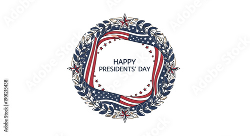 Illustration of a patriotic wreath with 'Happy Presidents' Day' text on a white background, featuring American flag colors and an eagle symbol, representing a presidential event or American