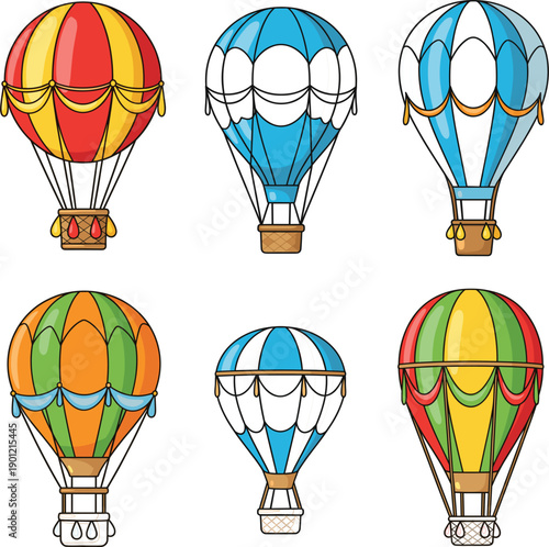 Vector illustrations of colorful hot air balloons with decorative patterns for travel and adventure concepts।