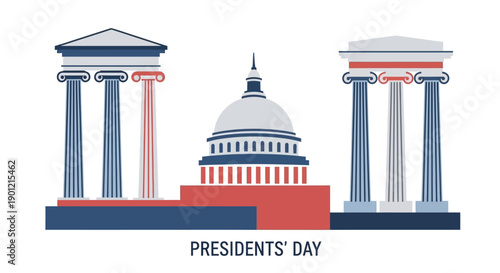 Illustration of the US Capitol building and presidential palace with columns on Presidents' Day, featuring an eagle and American flag.