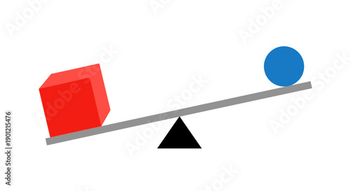Weight Imbalance Concept: Red Cube and Blue Sphere on a Seesaw Lever | Visualization of Advantage, Comparison, and Risk Management