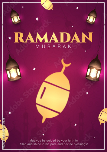 Ramadan Mubarak Greeting Card with Golden Lanterns and Purple Background, Elegant Islamic Holy Month Poster Design with Traditional Fanous and Stars, Purple and Gold Ramadan Kareem Banner with Mosque 