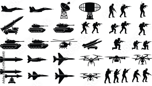 Massive military silhouette collection featuring fighter jets soldiers tanks missiles helicopters drones and radar icons for defense industry tactical planning and warfare designs.