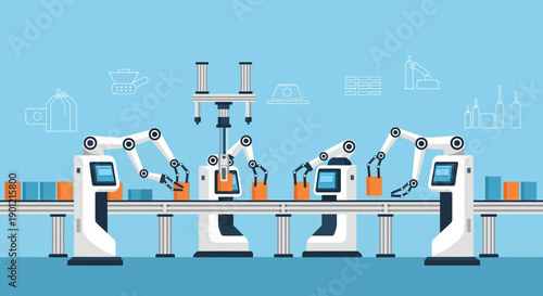 Robotic arms working on an assembly line in a factory, efficiently moving and processing boxes