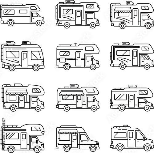 Black and white line art illustrations of various RV motorhomes and camper vans for travel and camping concepts।