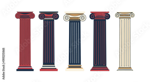 Illustration of five colorful columns with various designs and capitals on a white background for President's Day or American symbol use.