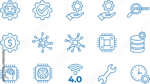 Industry 4.0 Icons Set, Digital Transformation Graphics, Teal Line Art, Smart Manufacturing, AI Automation, Connectivity, Data Analysis