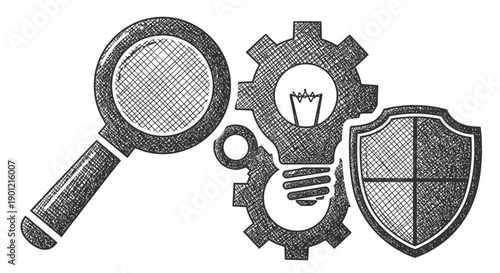 Conceptual illustration of cybersecurity analysis, innovative solution development, and data protection strategies in a hand-drawn style