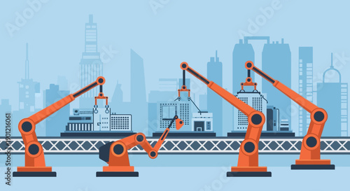 Industrial robotic arms operating in a futuristic cityscape with modern machinery and infrastructure