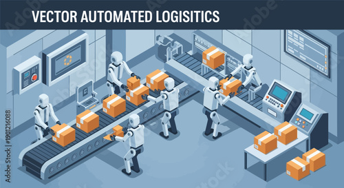 Automated logistics robots transport boxes on conveyor belts in a warehouse