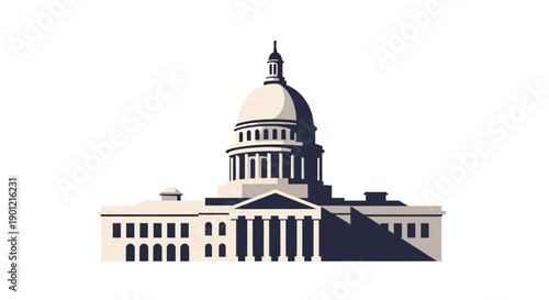 Vector illustration of the US Capitol Building with a flag and eagle symbol on President's Day, featuring a building, logo, and state emblem in a graphic design.