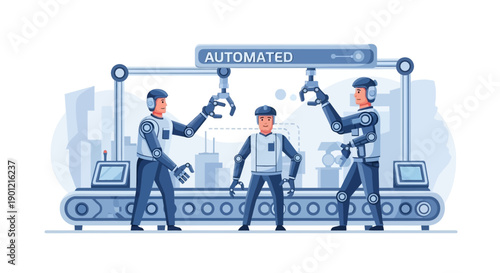 Automated manufacturing process with robots and conveyor belt in a factory setting