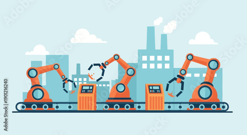 Automated factory production line with robotic arms and industrial buildings